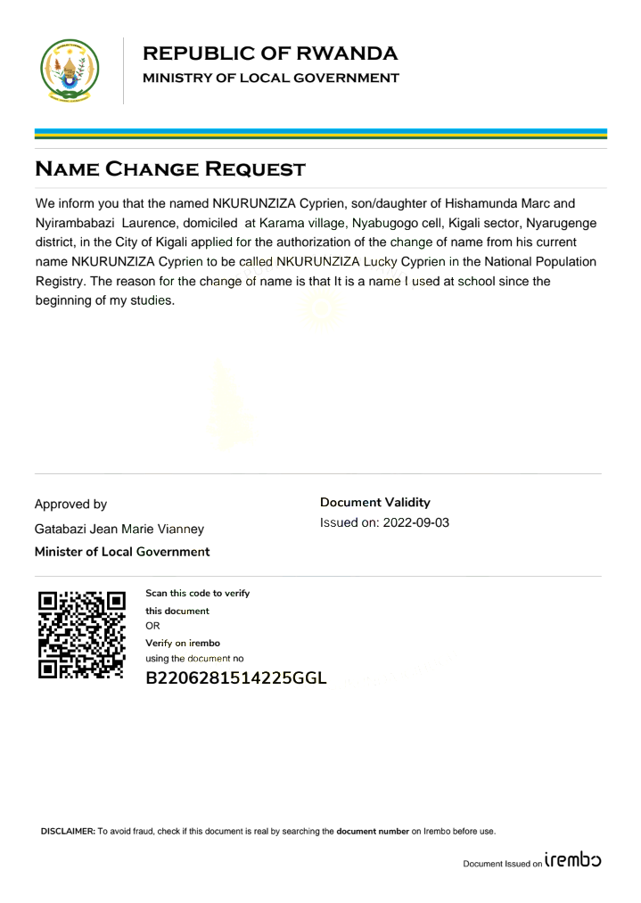 Itangazo ryo guhinduza izina