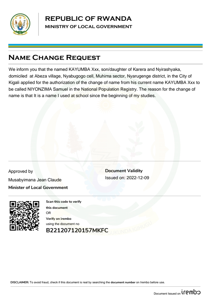 Itangazo ryo guhindura izina