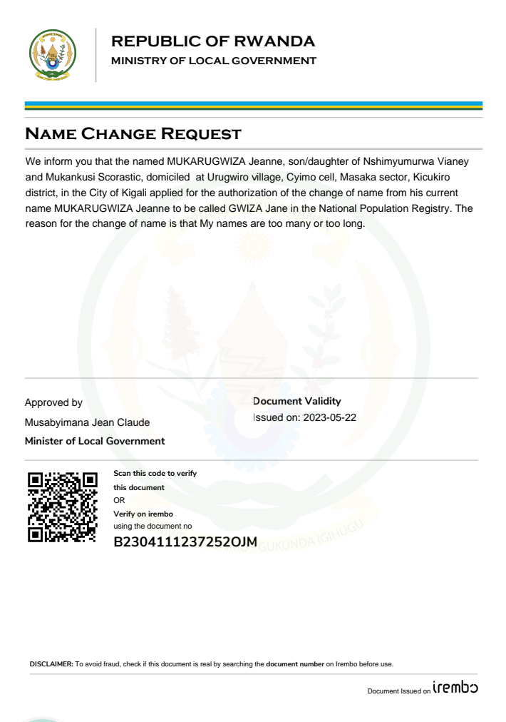 Itangazo ryo Guhinduza amazina