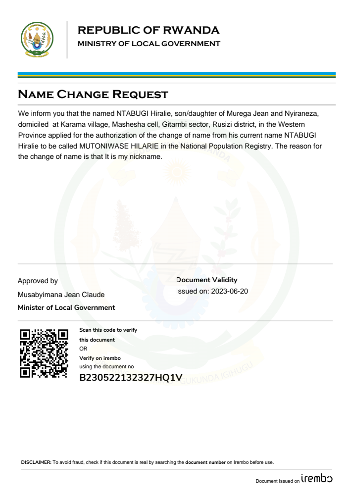 Itangazo ryo guhinduza amazina