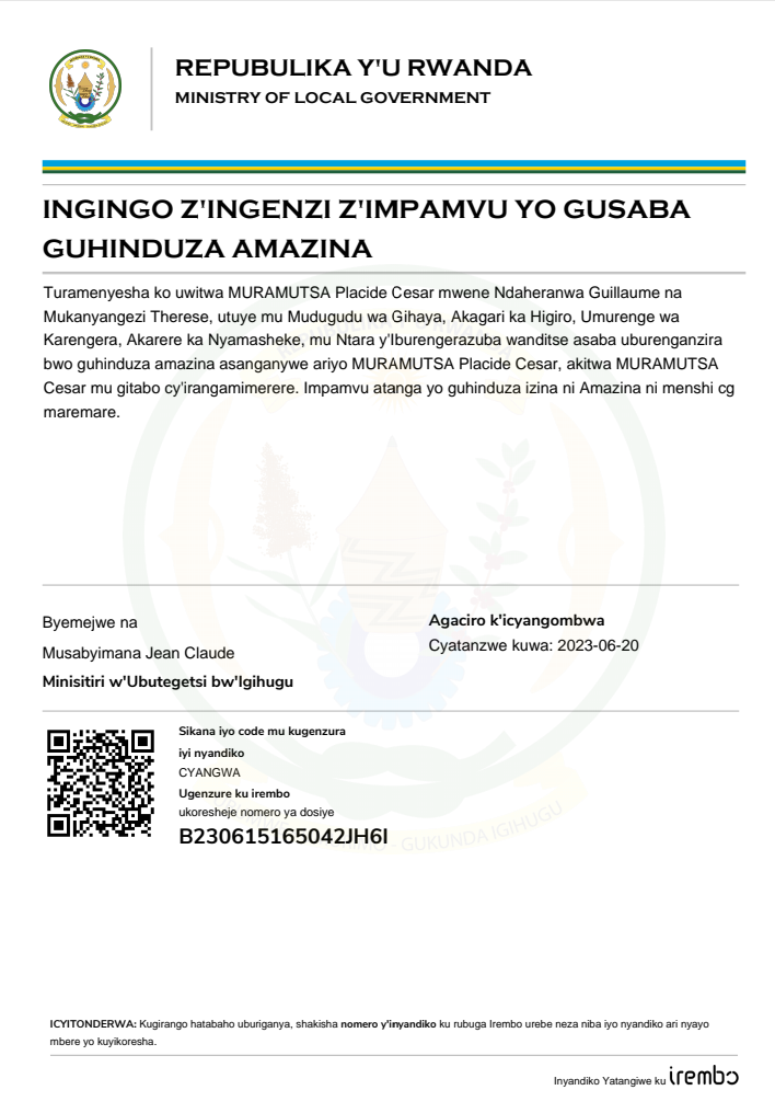 Itangazo ryo guhinduza amazina