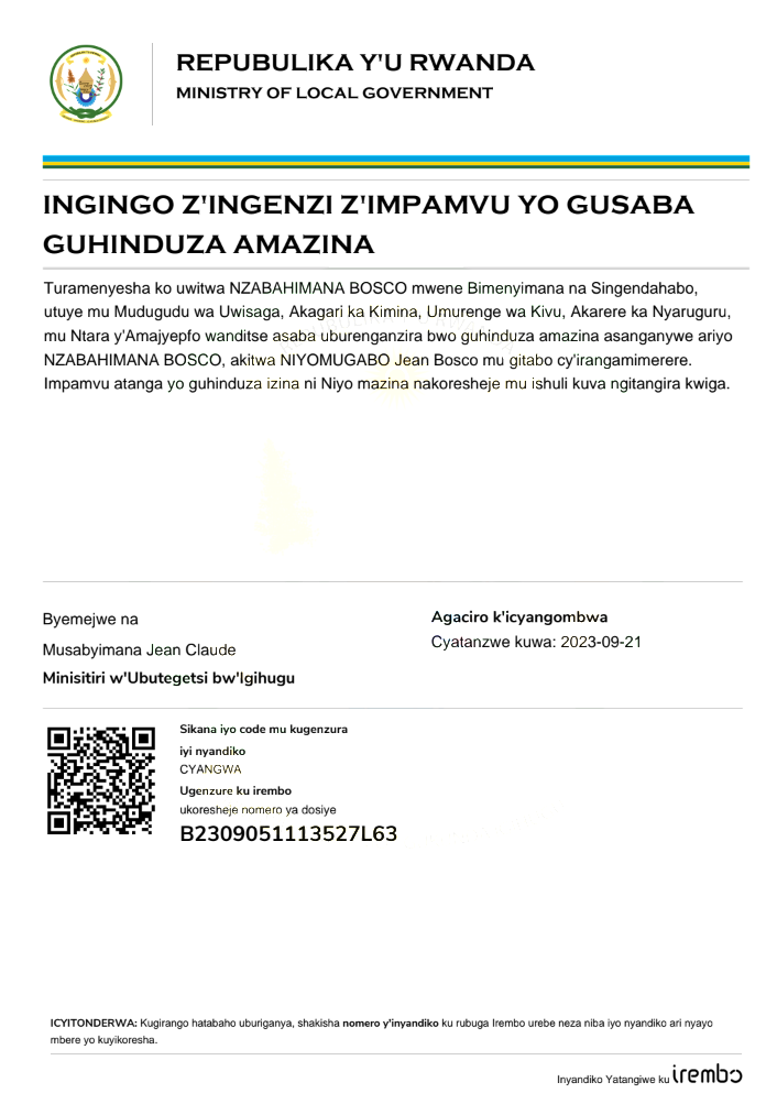 Itangazo ryo guhinduza amazina