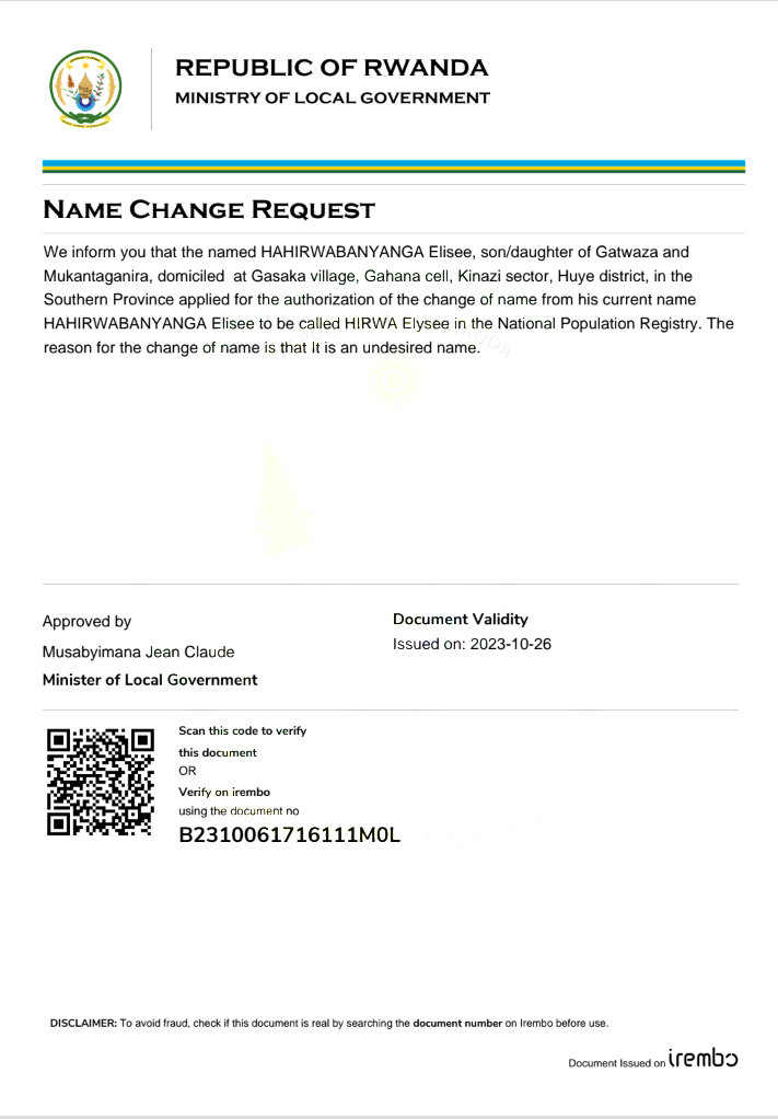 Itangazo ryo guhinduza amazina