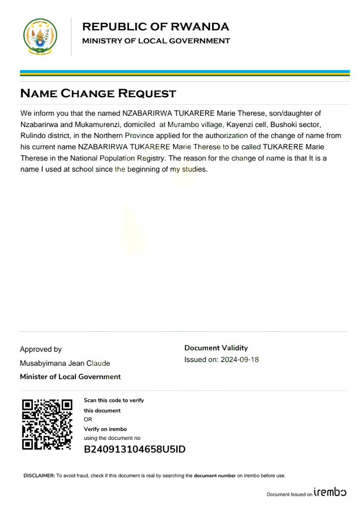 Itangazo ryo guhinduza amazina