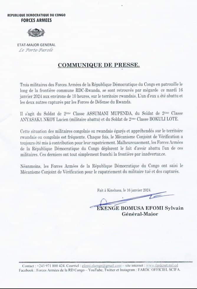 DRC yavuze ku musirikare wayo waguye ku butaka bw'u Rwanda