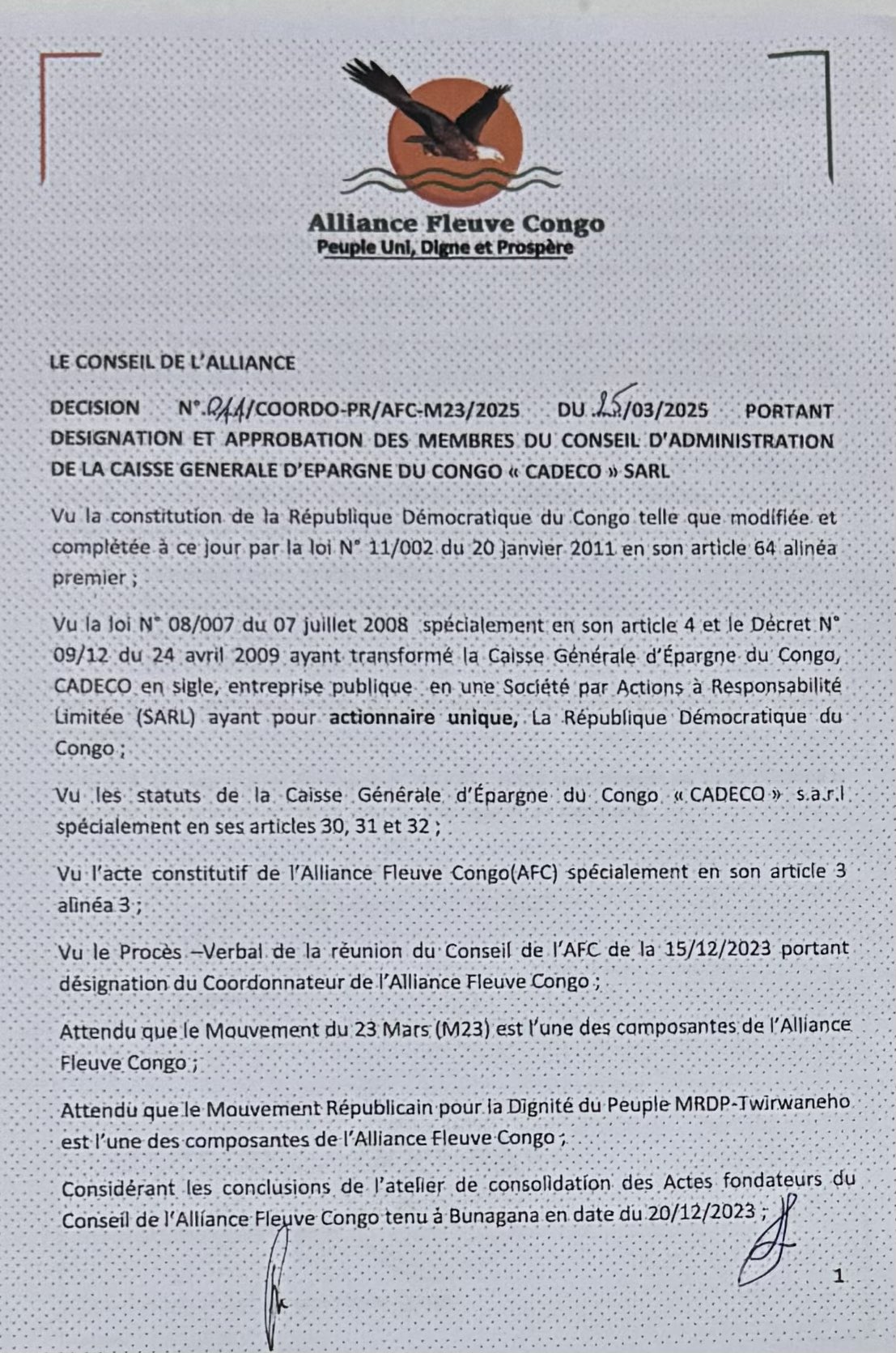 AFC/M23 yashyizeho ikigo cy'imari n'abayobozi bacyo