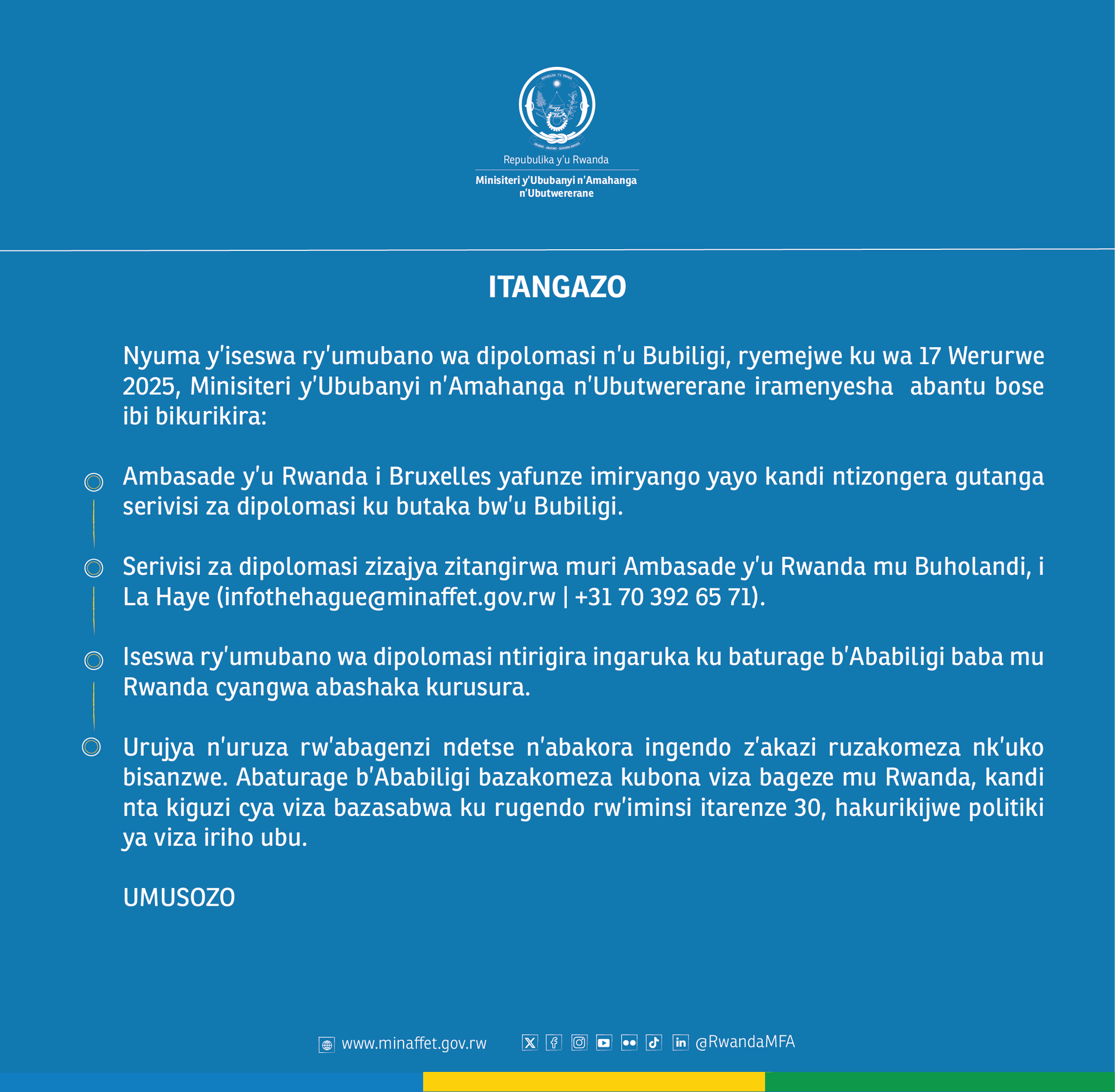 U Rwanda rwatangaje ibikurikira ku gusesa umubano n'Ububiligi