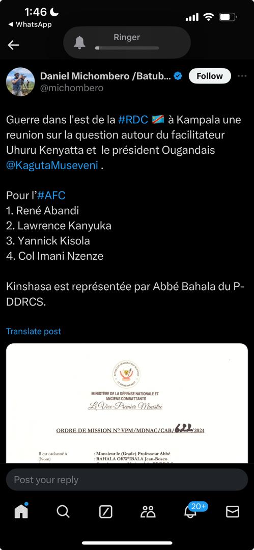 DRCONGO mu biganiro na M23 mu ibanga