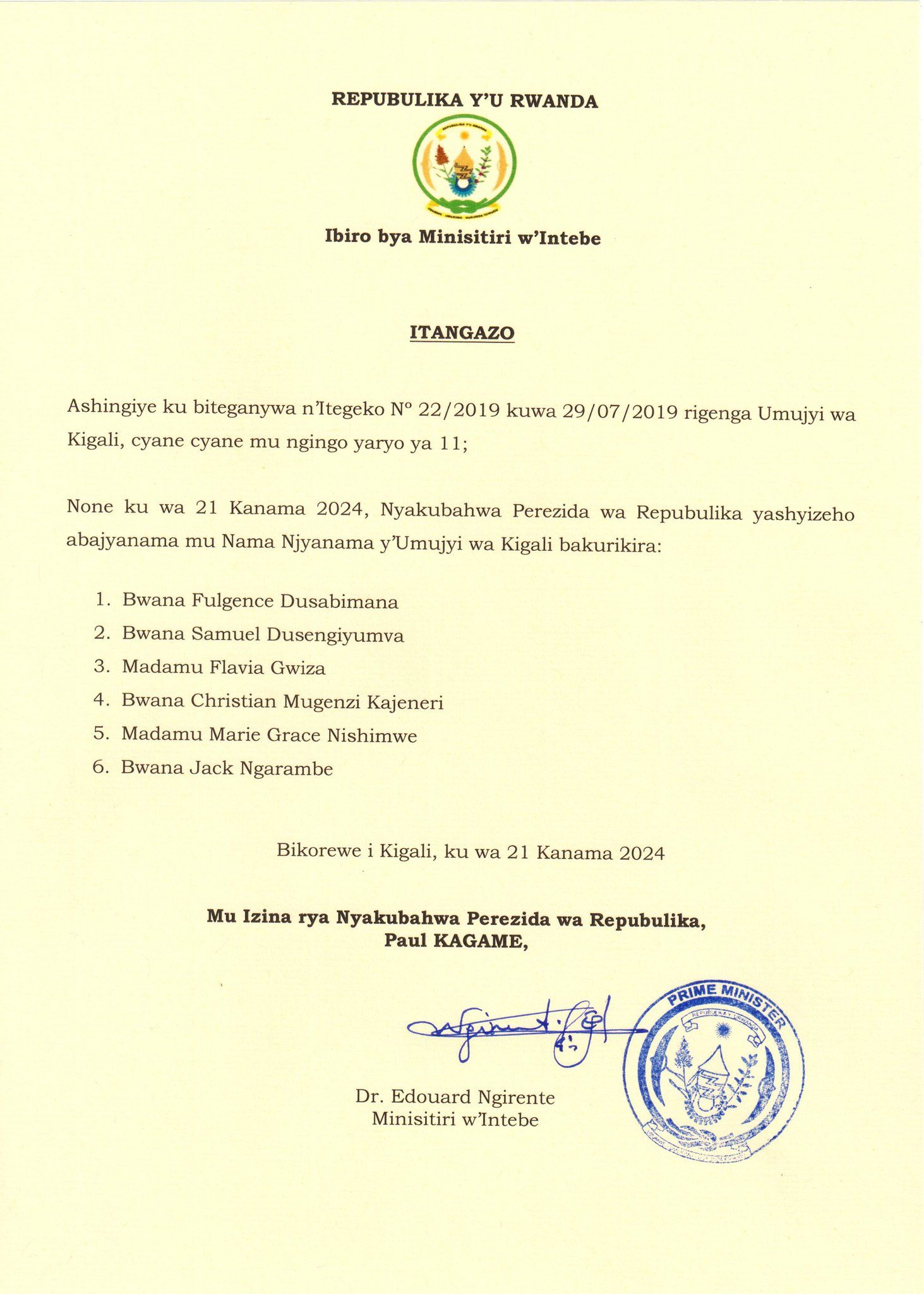 Perezida Kagame yashyizeho abajyanama 6 muri Njyanama ya Kigali