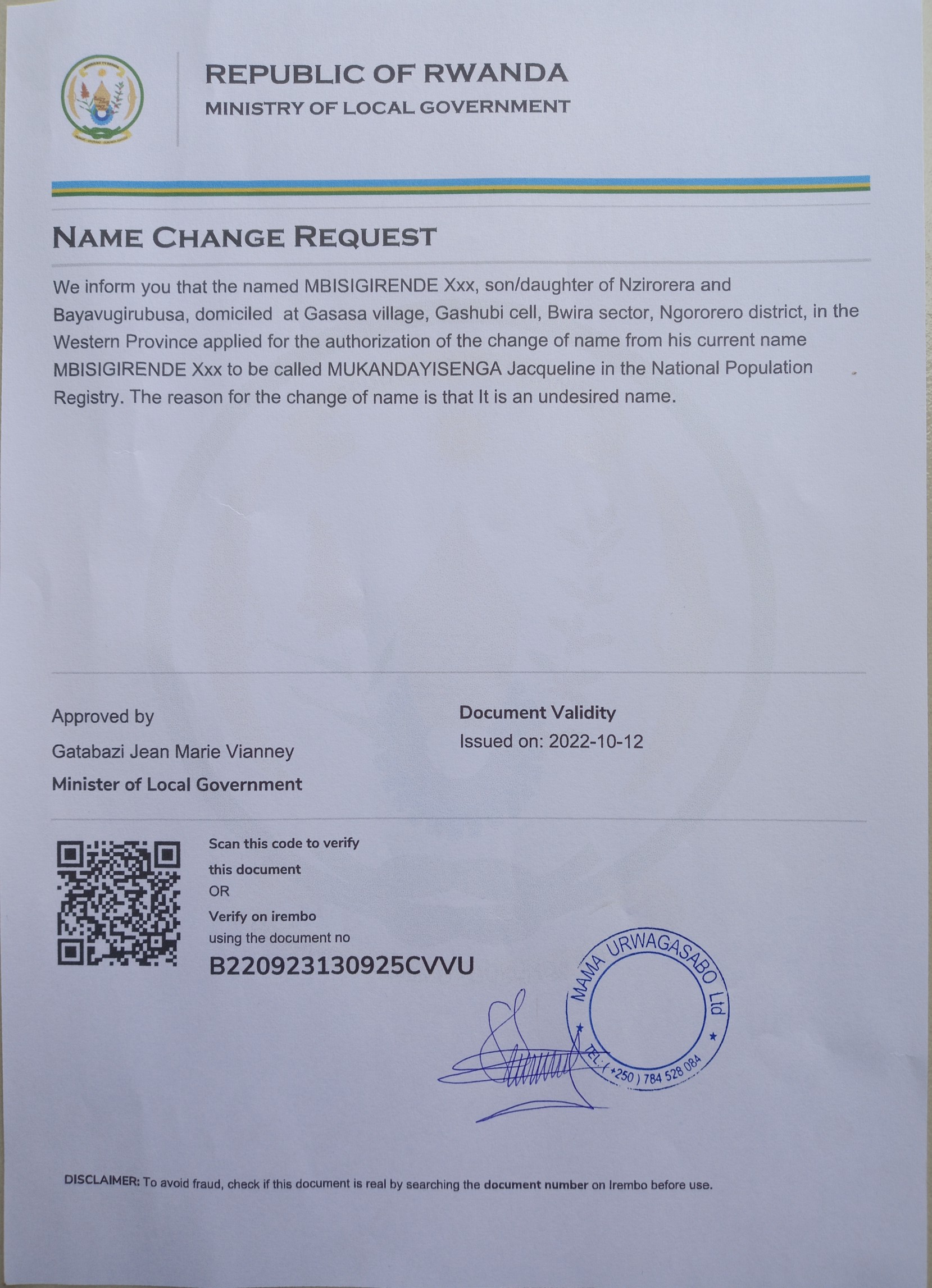 Itangazo ryo guhinduza izina