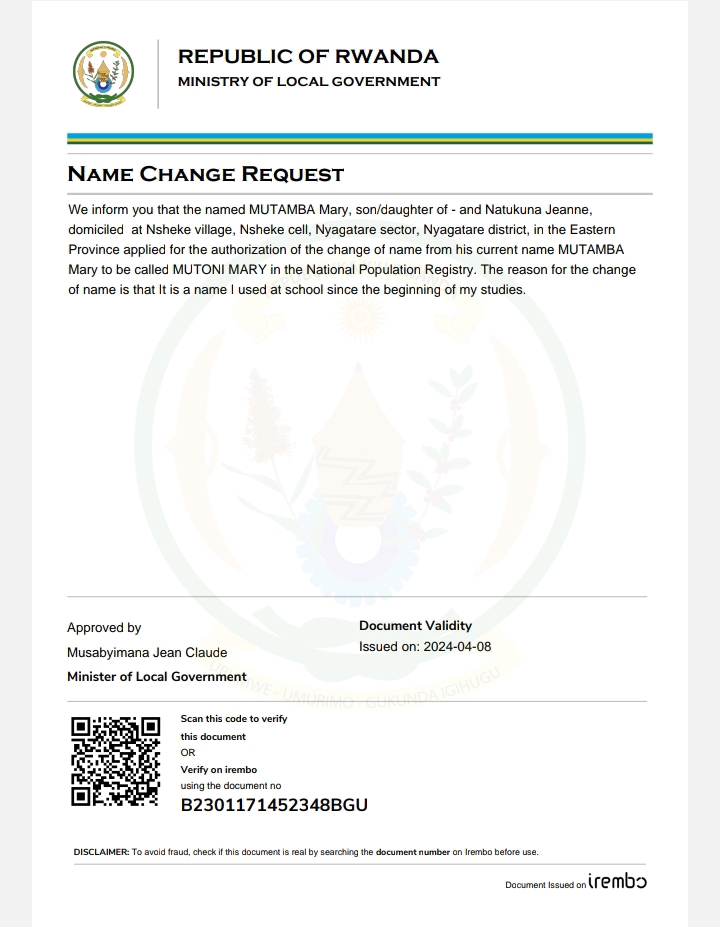 Itangazo ryo guhinduza amazina