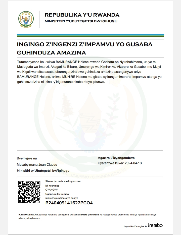 Itangazo ryo guhinduza amazina