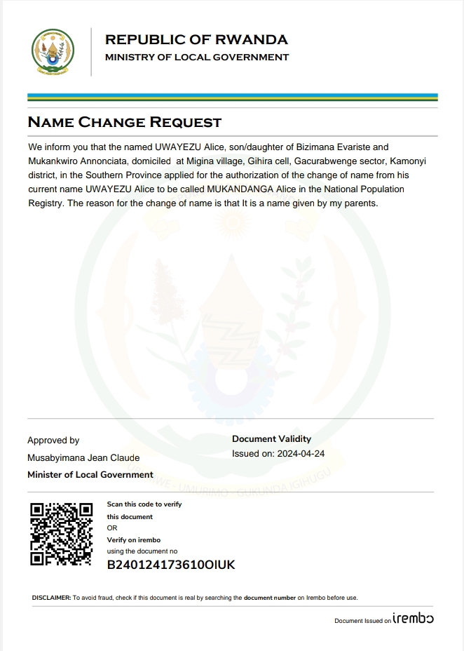 Itangazo ryo guhinduza amazina