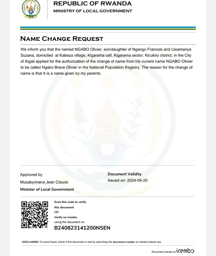 Itangazo ryo guhinduza amazina