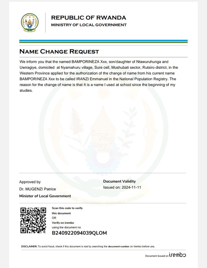 Itangazo ryo Guhinduza amazina