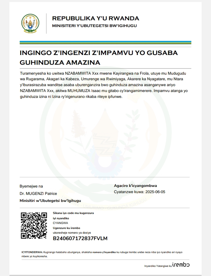 Itangazo ryo Gusaba guhinduza amazina